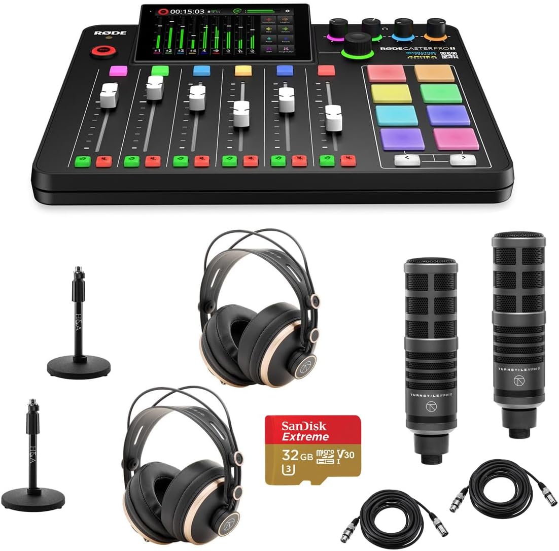 Rode RODECaster Pro II Integrated Audio Production Studio Console Bundle with TAP300 Mic, TAPH700 Headphones, Mic Stand, M to F XLR Cable, 32GB microSD Card