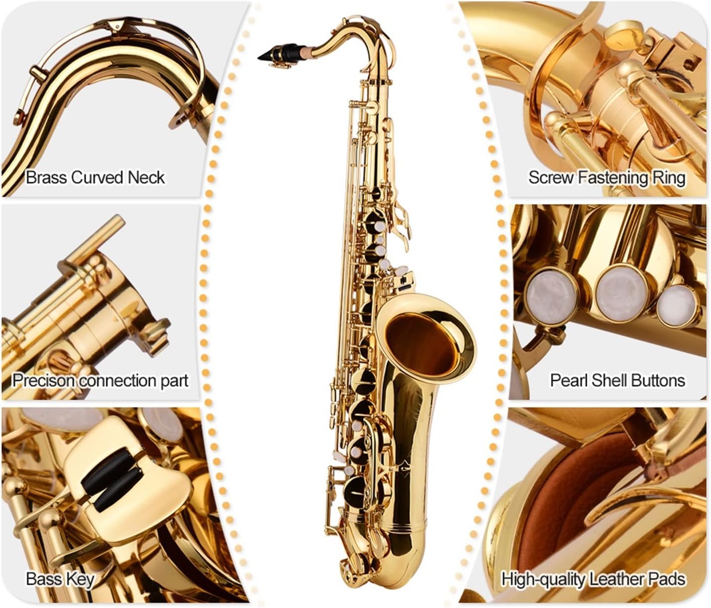 Bb Tenor Saxophone Brass Body Gold Lacquered Surface Woodwind Instrument