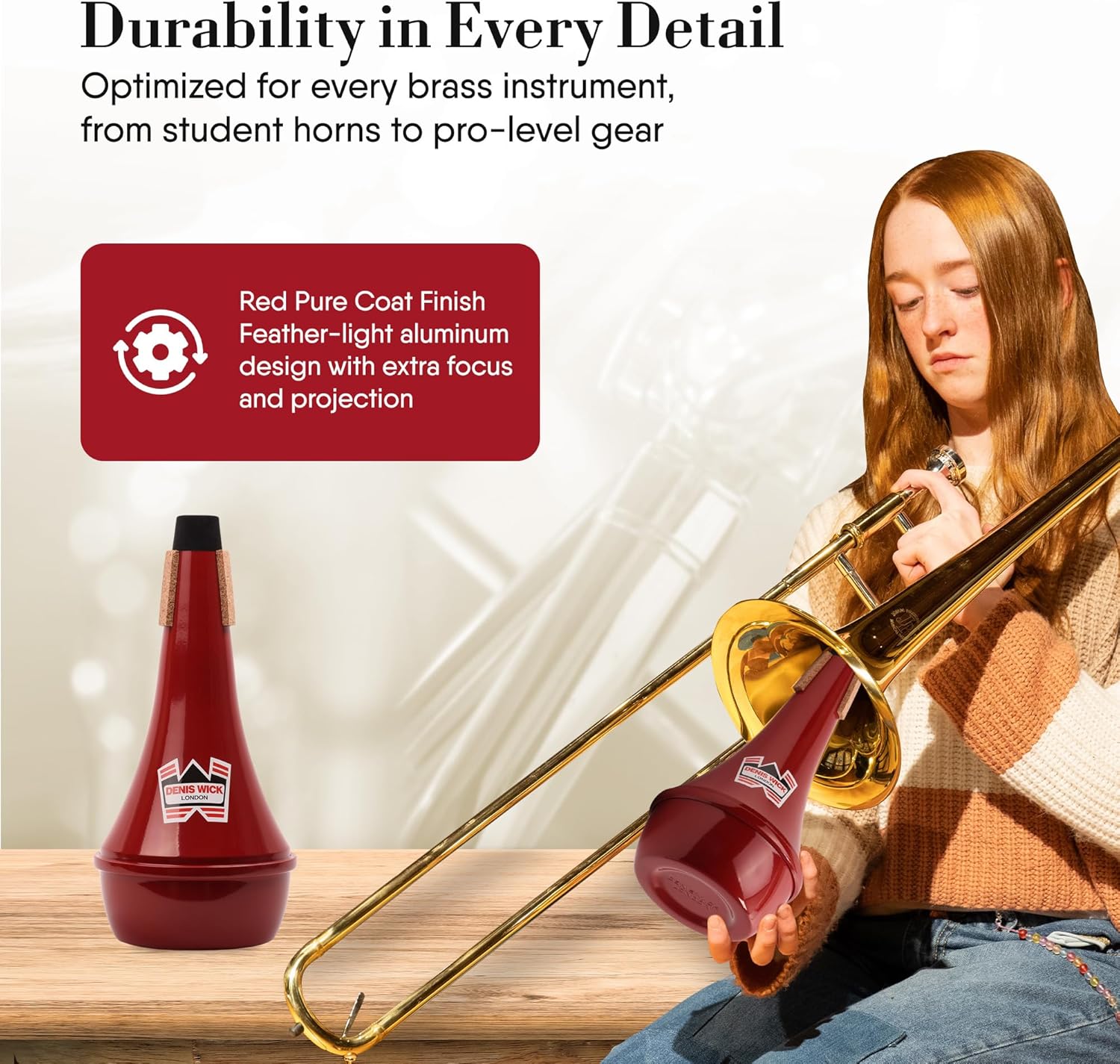 Denis Wick Straight Mute for Trombone with Red Pure Coat Finish, 5505R - Hand-Spun Aluminum Mute with Natural Cork, Extra Focus & Projection, Reliable Intonation & Tight-Bell Fit -5.4 x 5.4 x 11 In