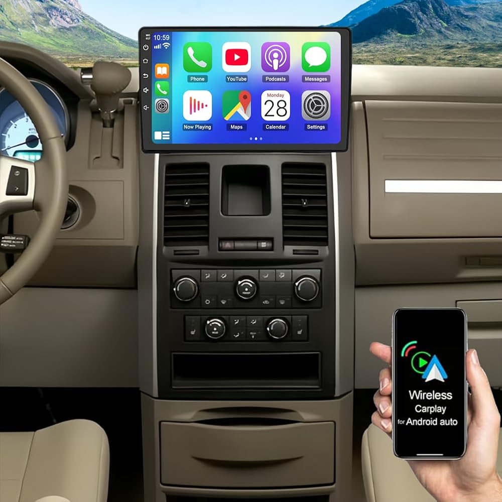 10 inch Car Stereo Radio for Dodge Grand Caravan 2008-2010 Upgrade CarPlay Touch Screen Head Unit Car Stereo with Wireless Carplay Android Auto GPS Bluetooth WiFi FM RDS DSP SWC Backup Camera Mic