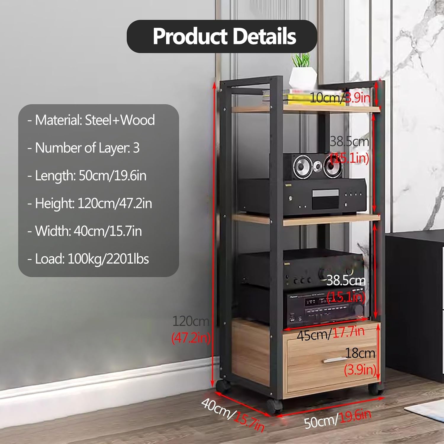 Av Media Stand Corner Shelf - Rack Audio Tower with Adjustable Shelves - 79 100 120Cm Tall Shelf Stand with Wheels - Audio Equipment Rolling Cart Rack Portable for Home,3 Tiers-120cm Tall