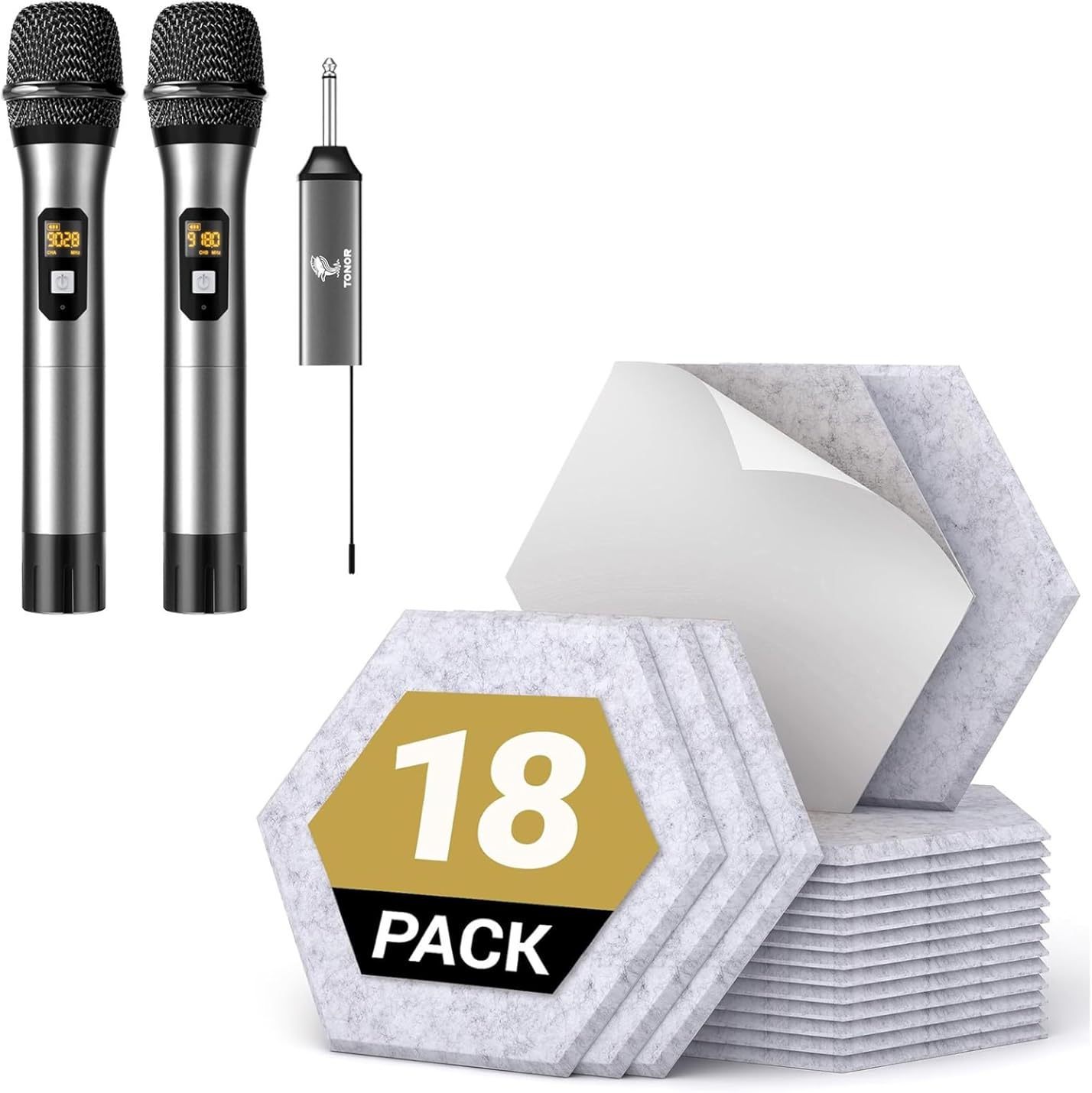 TONOR TW630 Dual Wireless Microphone for Karaoke and 18 Pack Self-Adhesive Hexagon Acoustic Panels 12