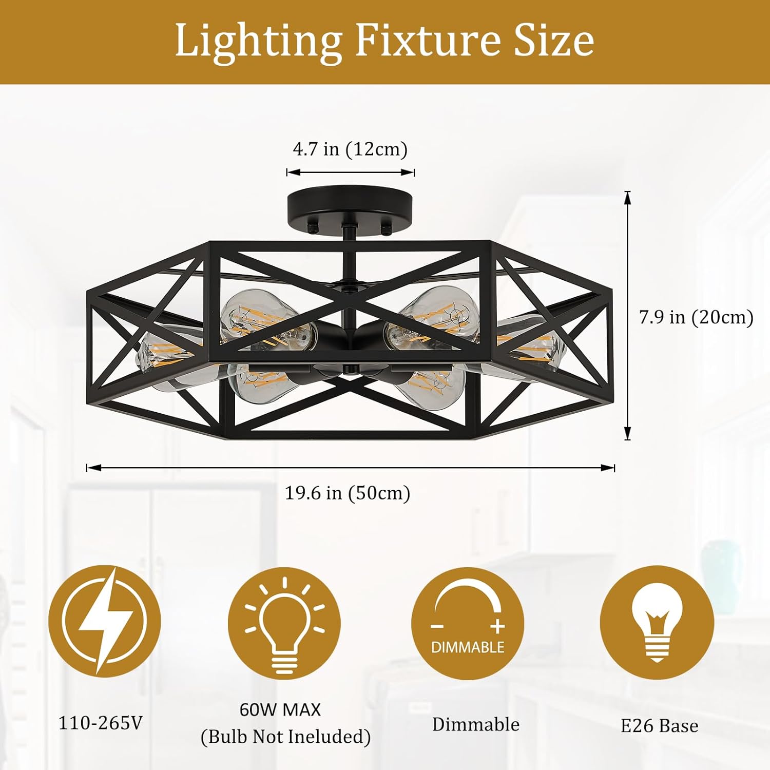 Modern Farmhouse Black Ceiling Light,Industrial Semi Flush Mount Ceiling Lighting Fixture,hexagonal Lighting Fixtures for Kitchen,Bedroom,Foyer,Living,Dining Room,Laundry Room,6-Light,19.7 Inch