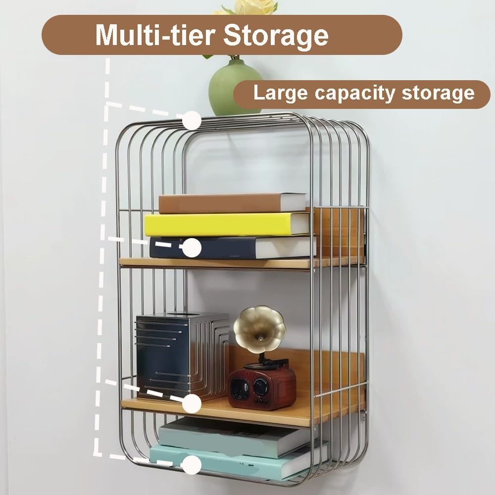 Multifunction Floating Wall Shelves, Multi-Layer Spice Rack Wall Mount, Minimalist Bathroom Shelves, Square Metal Book Shelf for Bathroom, Bedroom, Office