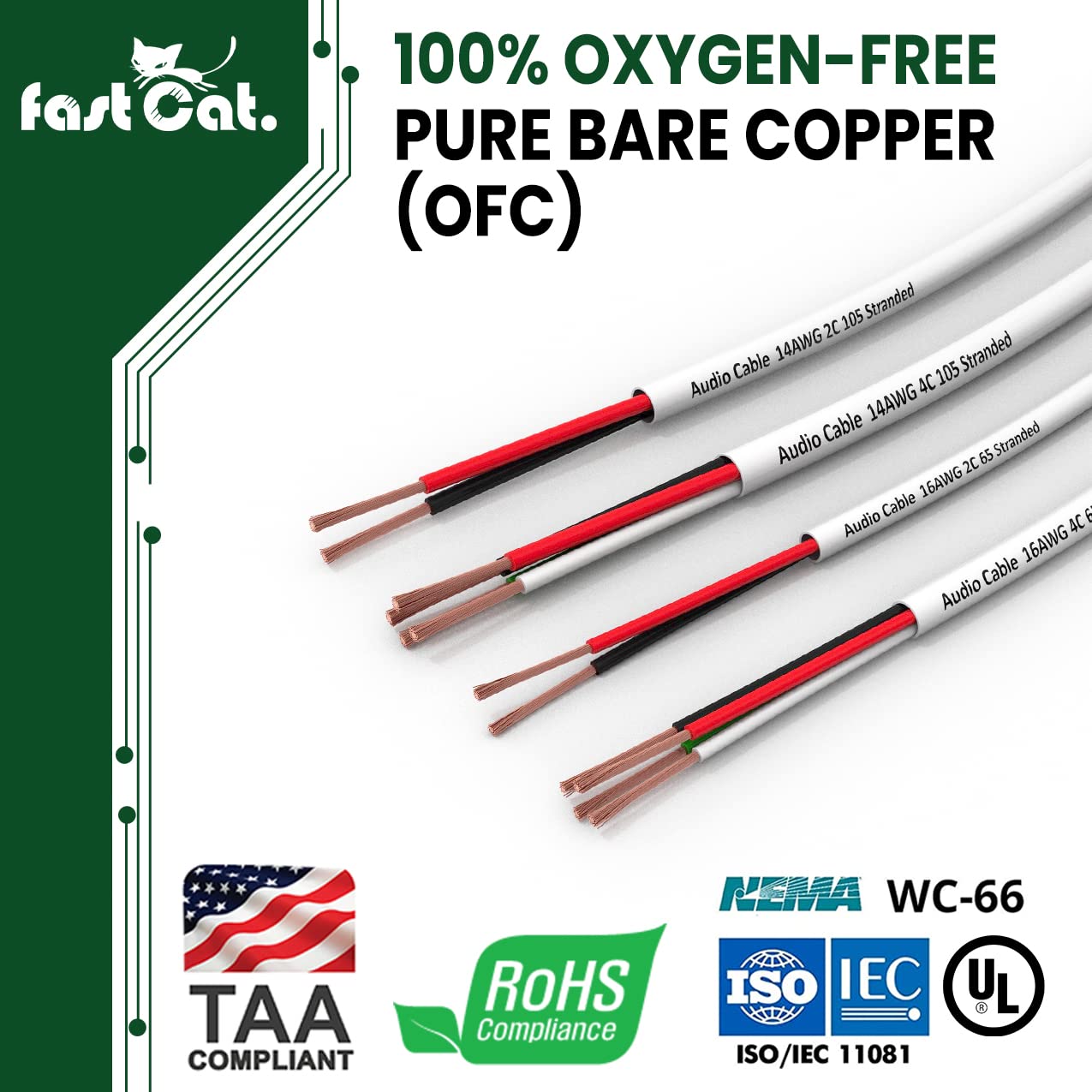 fast Cat. Speaker Wire 14 Guage 2C, UL Listed & CMR/CL3R-FT4 Rated - Speaker Cable w/PVC Jacket, 100% Oxygen-Free Pure Bare Copper - (105) HighFlex 14 Guage Wire - in-Wall Use-500ft Bulk Cable, Blue