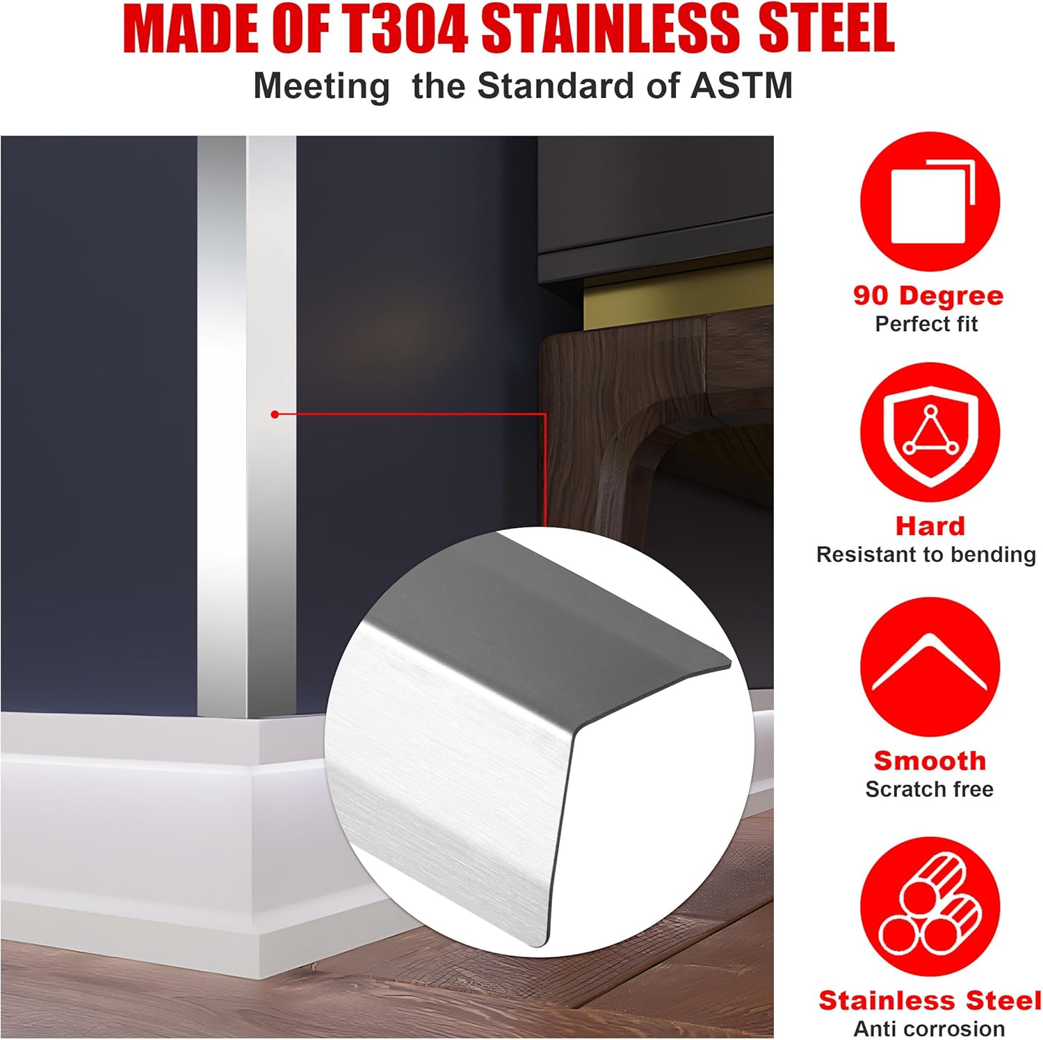 Wall Corner Guards, 0.5” x 0.5” x 48”, Metal Wall Corner Protector, 10 Pack for Wall Protection and Decoration, 20 Ga/ 1MM Thickness Stainless Steel Corner Guard with 90-Degree Angle
