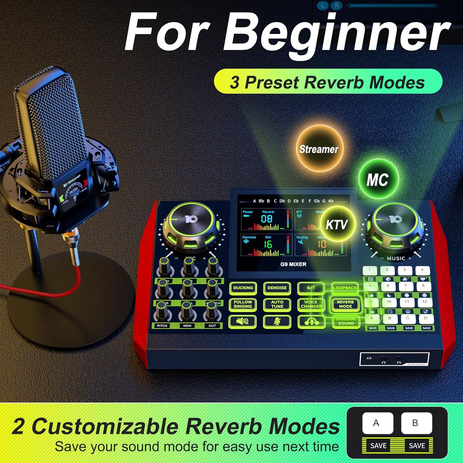 Podcast equipment bundle with live sound card audio mixer, podcast equipment with 3.5mm microphone, soundboard for phone, computer, live streaming, singing, recording, and content creation.