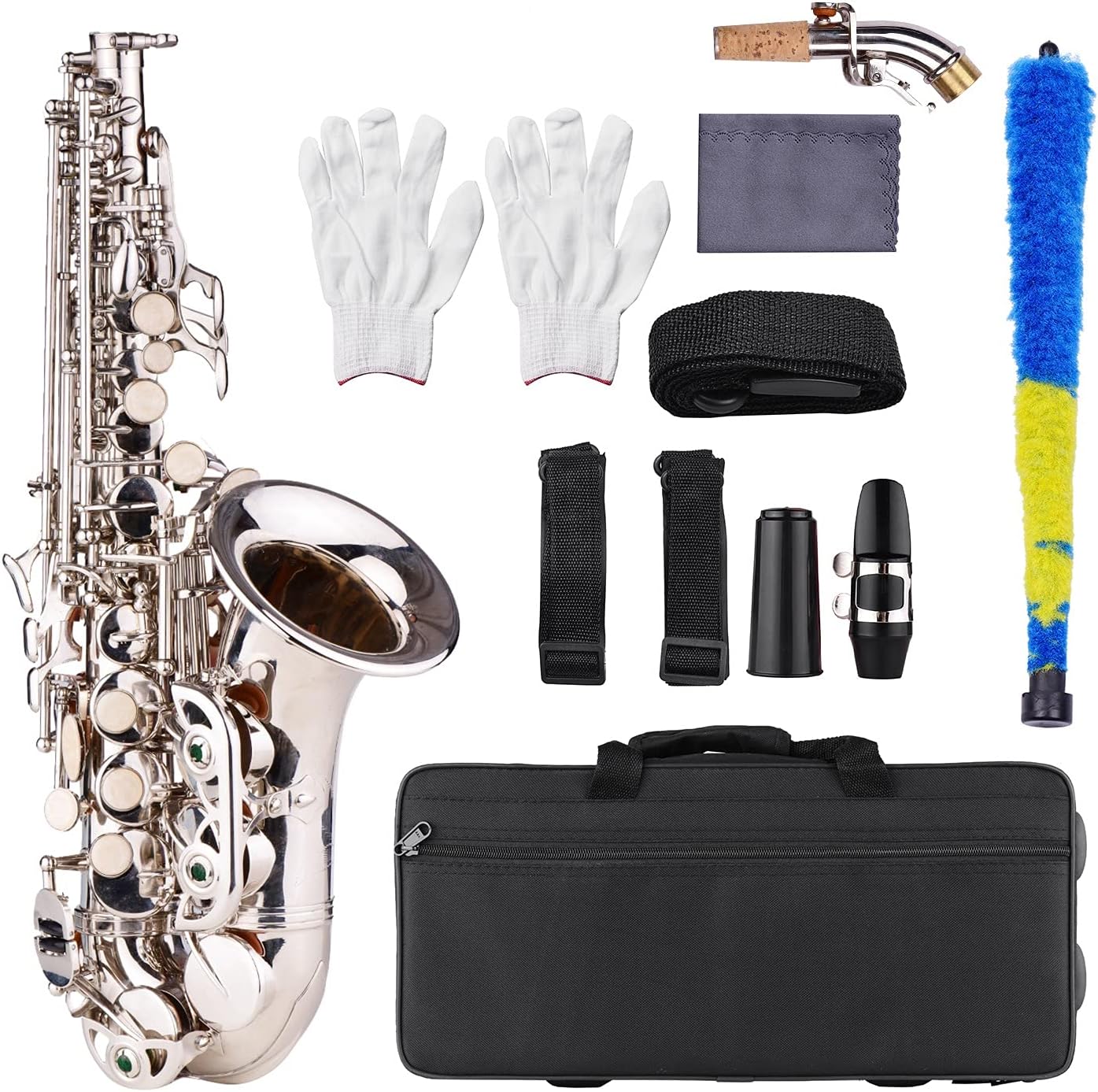Sax Beginners Kit Brass Gold and Silver Sax Carve Pattern Bb Bend Althorn Soprano Saxophone Sax Pearl White Shell Buttons Wind Instruments Wind Instrument (Color : Silver)