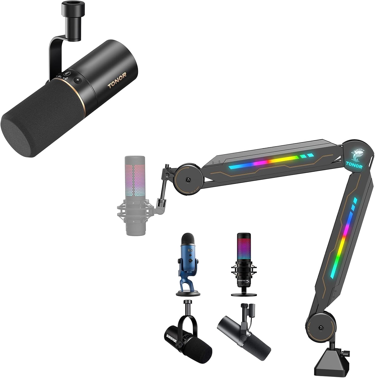 TONOR USB/XLR Dynamic Microphone TD510, Bundle with Adjustable RGB Boom Arm T90