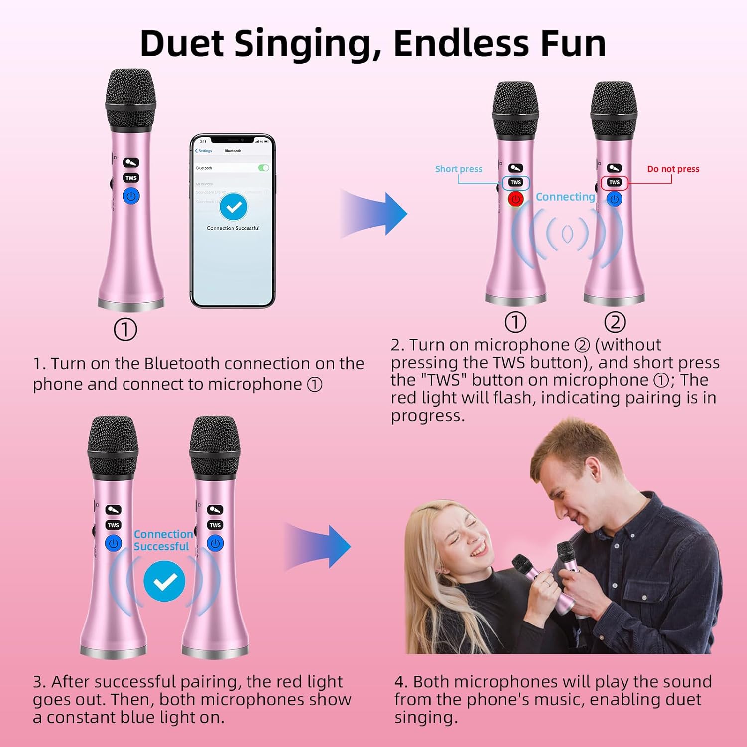 YF79 Wireless Bluetooth Microphone with 20W High Power, DSP Chip for Clear Sound, Dual Mic Connectivity for Duet Singing, One-Click Vocal Reduction for Karaoke, Portable Design with Loud Volume(Pink)