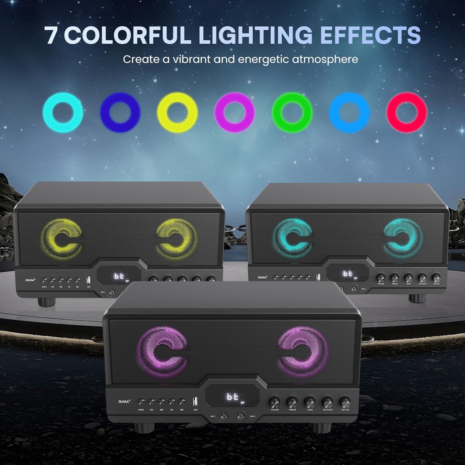 RHM L268 Karaoke Machine, Connect to TV via HDMI & Optical, Support 4 Mics & Bluetooth Connection, with Adjustable Treble and Bass, Powerful Sound & RGB Lights for Home Party