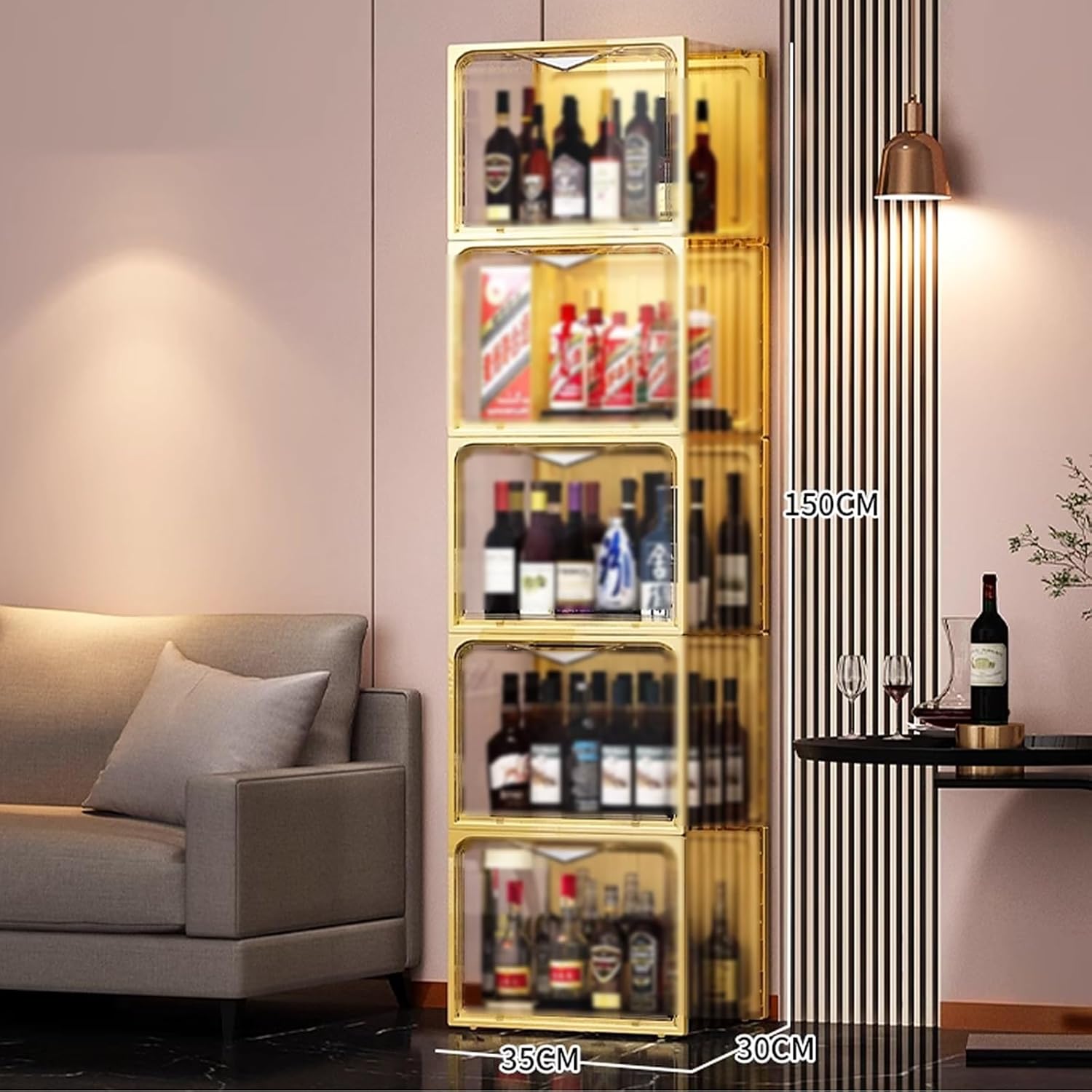 Acrylic Display Case for Collectibles Wine Cabinet Rack Storage Cabinet with Strong Magnetic Self-Priming Door Space-Saving for Collectibles, Toys, Books(Gold,35x30x150cm)