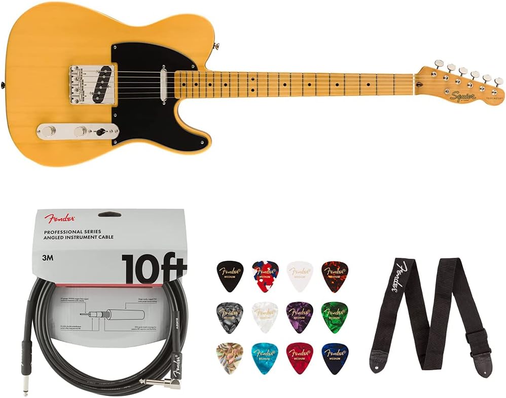 Squier by Fender 50's Telecaster (Maple, Butterscotch Blonde) Bundle with Fender 10ft Cable (Straight/Straight), Fender Guitar 12-Pack Picks, and Fender 2
