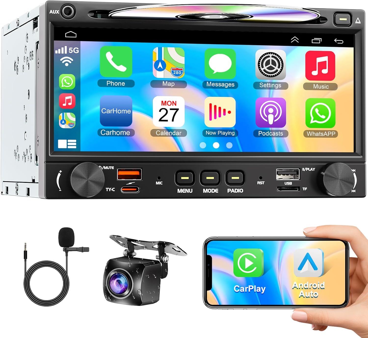 Wireless Double Din Car Stereo Radio with CD/DVD Player, Carplay & Android Auto, 7 inch Car Audio with HD Touchscreen, Bluetooth, Mirror Link, Backup Camera, SWC, FM/AM, USB/SD, A/V Input