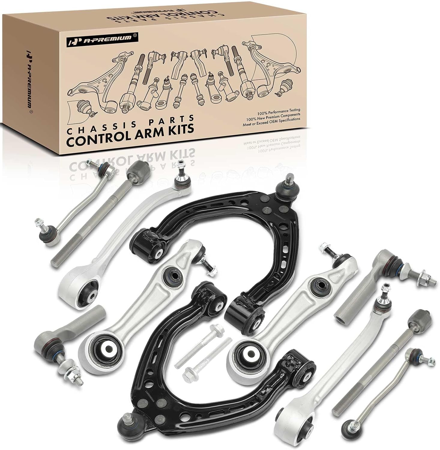 A-Premium Set of 12, Front Lower Forward Rearward & Upper Control Arm, Sway Bar Link, Inner Outer Tie Rod End, Compatible with Tesla - 2012-2016 - Model S, RWD Only