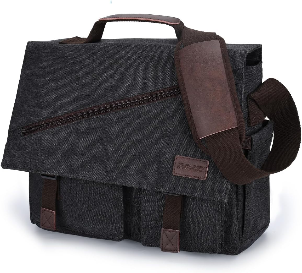 Messenger Bag for Men,Water Resistant Canvas Satchel 14 15.6 17 Inch Laptop Briefcases Business Shoulder Bag by RAVUO
