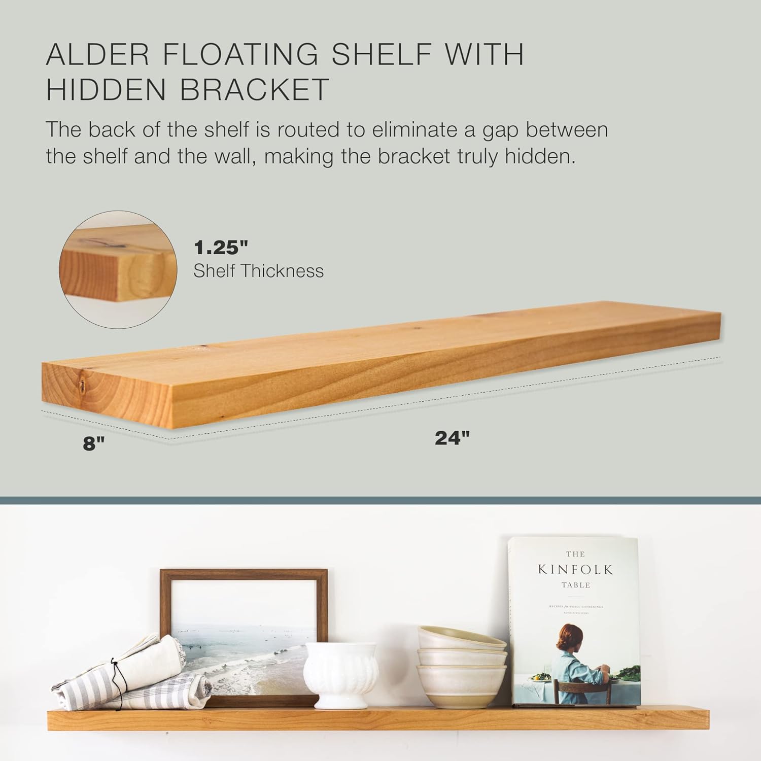 UltraShelf Solid Wood Floating Shelf for Wall Decor, Alder, 24