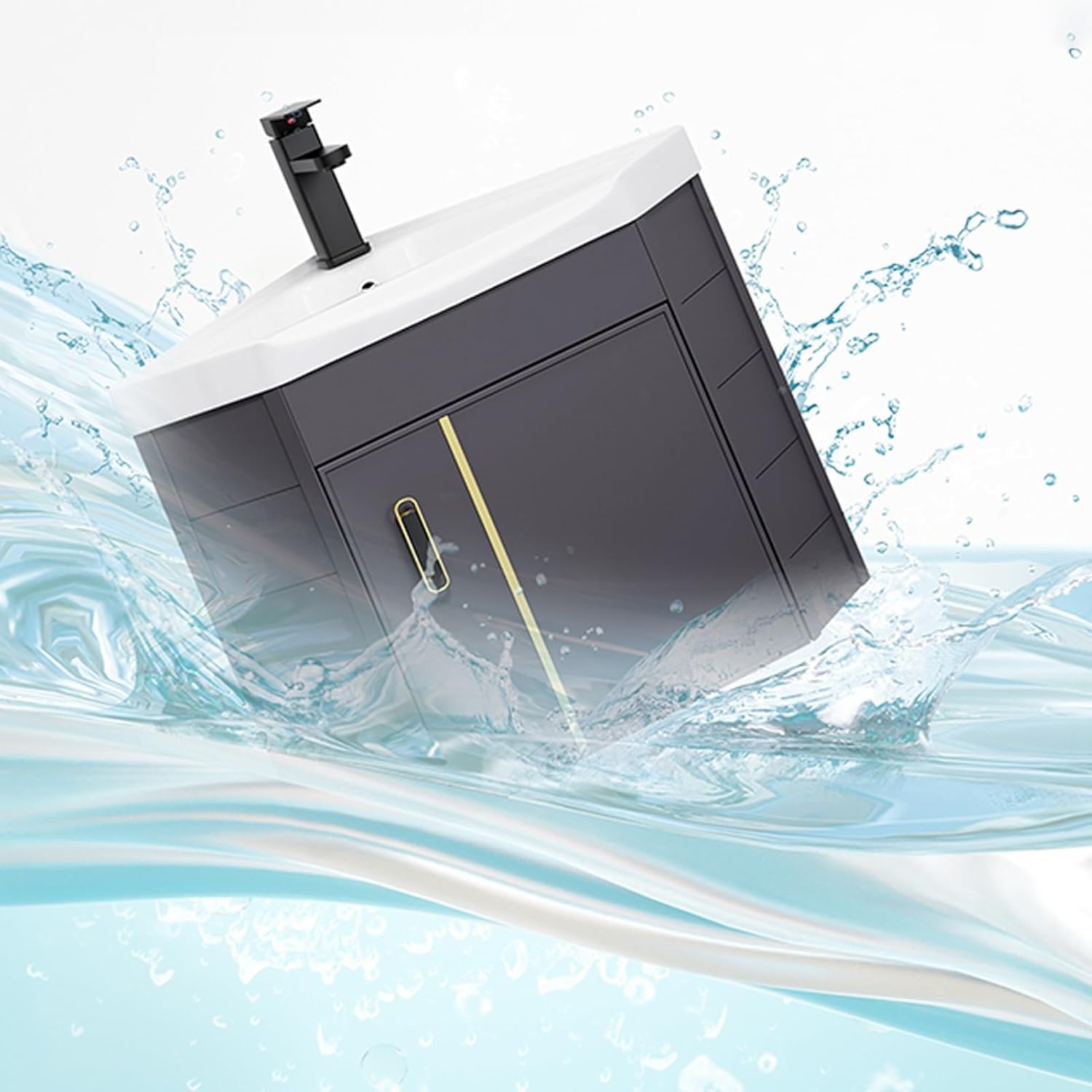 Corner Bathroom Sink, Triangle Wall Mount Corner Bathroom Vanity, Ceramic Wash Basin with Storage Container, Bathroom Sink Cabinets for Small Spaces(48cm/18.8in)