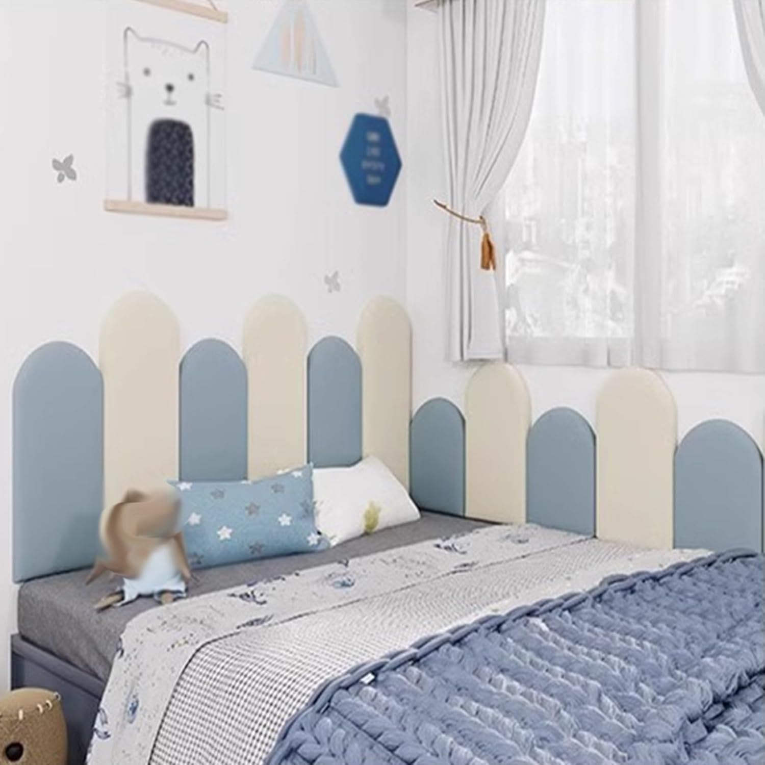 XPLKQXE Peel and Stick Upholstered Wall Panels, Wall Mount Upholstered Headboard, 3D Ant-i-Collision Wall Padding, Playroom Decorative Protection Wall Stickers(Green-B+White,180x60cm)