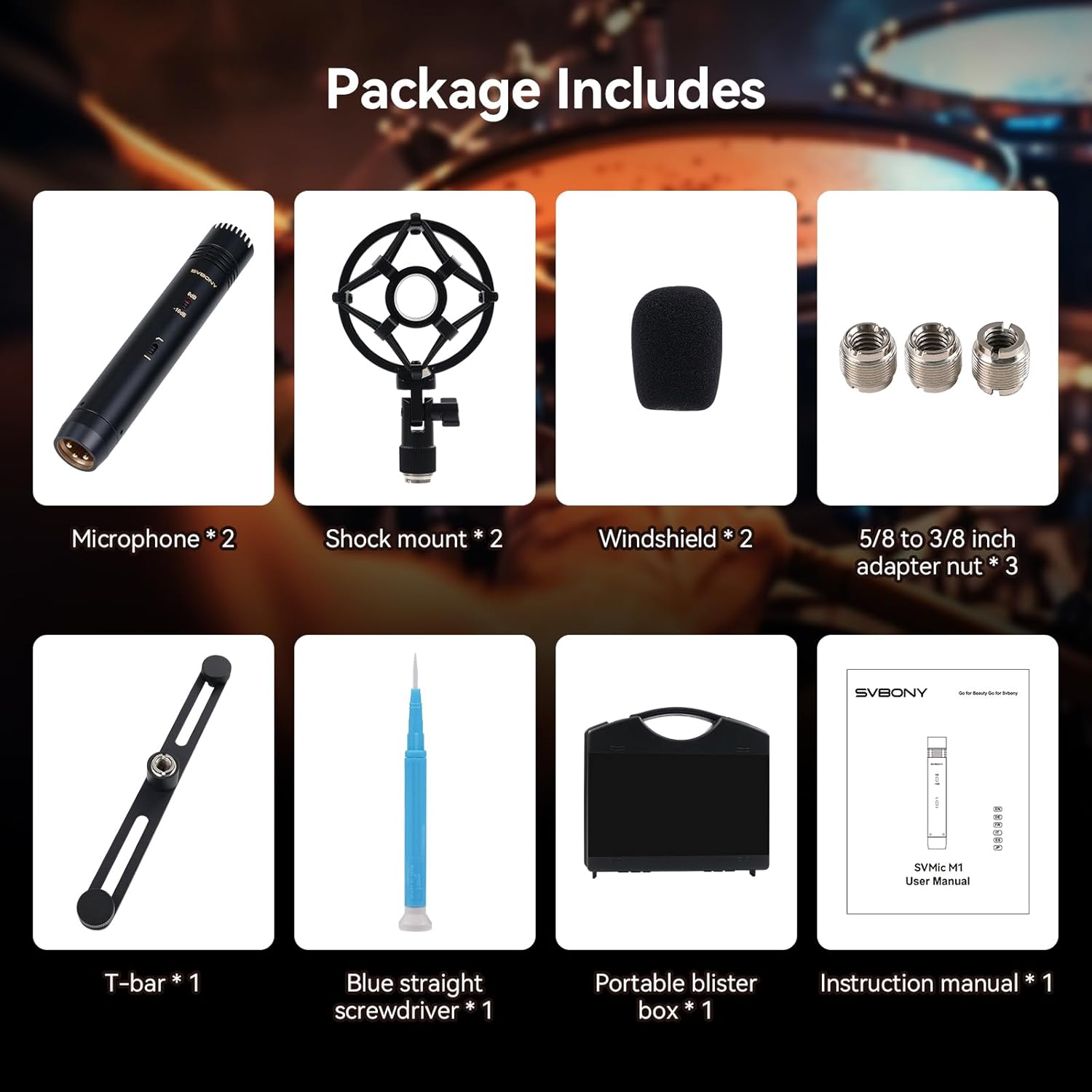 SVBONY SVMic M1 Dual Microphone Kit, 22mm Gold Instrument Condenser Mic with Low Cut/-10dB Pad, Shock Mount, T-Bar & Case for Studio Vocal, ASMR, Acoustic Guitar, Bass, Drums Recording