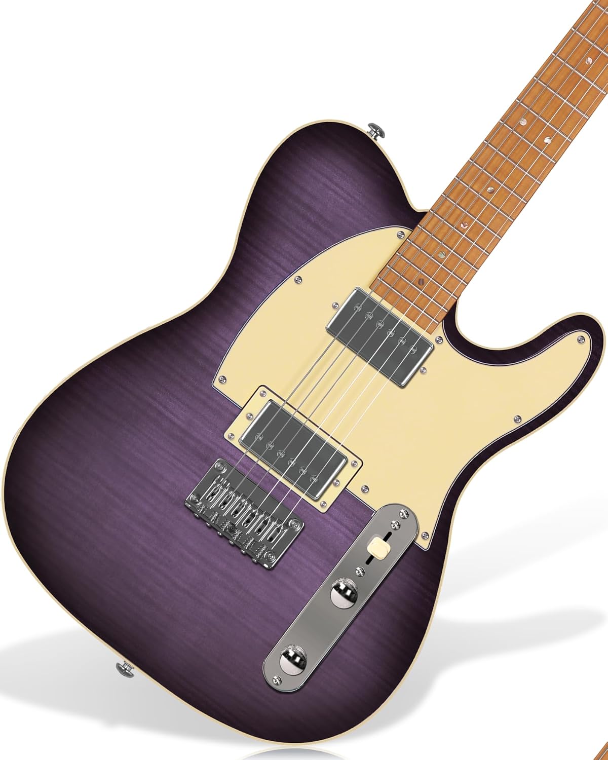 AKLOT Modern TL Electric Guitar – Dual Humbucker with Coil Split, Roasted Maple Neck & Flame Maple Top, Locking Tuners, Beginner & Intermediate Guitar, Violet Venom