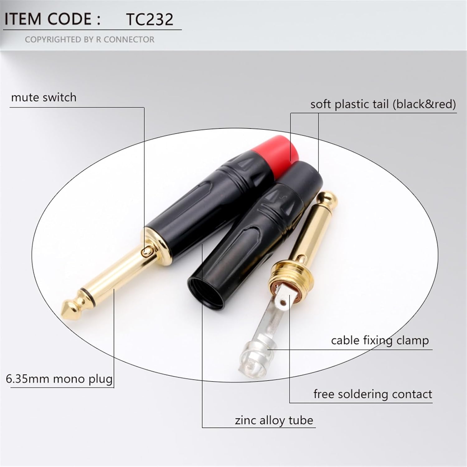 10PCS 6.35MM Mute Plug 2 Poles Mono 6.35MM Wire Connector 1/4 Inch Male Plug Microphone Connector (Color : 5xBlack 5xRed)