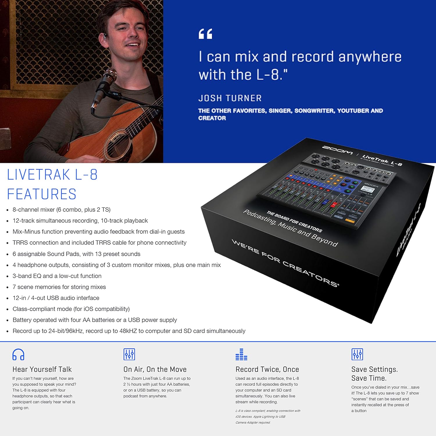 Zoom LiveTrak L-8 Portable 8-Channel Digital Mixer and Multitrack Recorder Bundle with 4x Zoom ZDM-1 Mic with Headphones, Windscreens and Stands + Cleaning Cloth – 4 Person Podcasting Bundle