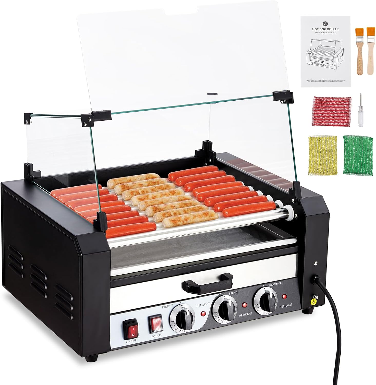 Hot Dog Roller, Electric 24 Hot Dog Capacity 9 Roller, 1650W Sausage Grill Cooker Machine w/Bun Warmer Shelf, Dual Temp Control, Removable Oil Drip Tray, Cover, Stainless, Commercial Grade