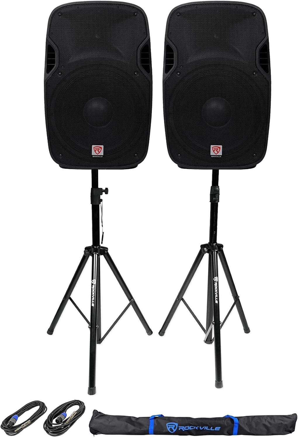 Rockville SPGN158 Bundle: (2) 15-in Passive 1600W Peak / 400W RMS 8-Ohm DJ PA Speakers, Pair Tripod Stands with Carry Bag + (2) 20 ft 1/4-Speakon Cables, 5-Items