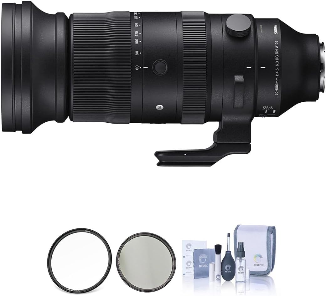 Sigma 60-600mm f/4.5-6.3 DG DN OS Sports Lens for Sony E Bundle with Haida 105mm MC Clear and CPL Filters, Cleaning Kit