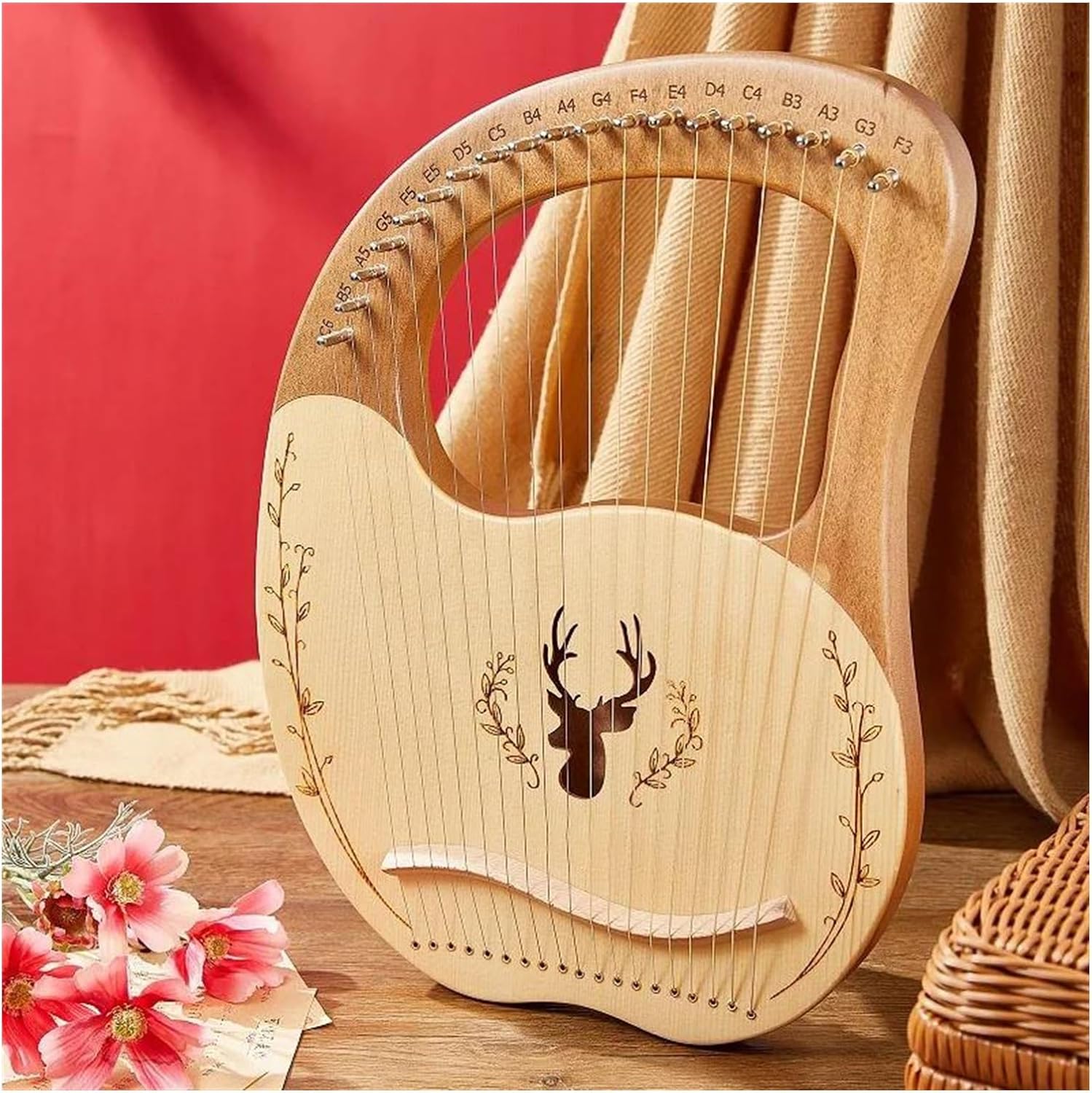 Lyre Harp Set 19 Strings Lyre Harp Mahogany Wood Harp Piano Stringed Musical Instrument With Tuning Wrench Spare Strings(Wood color)