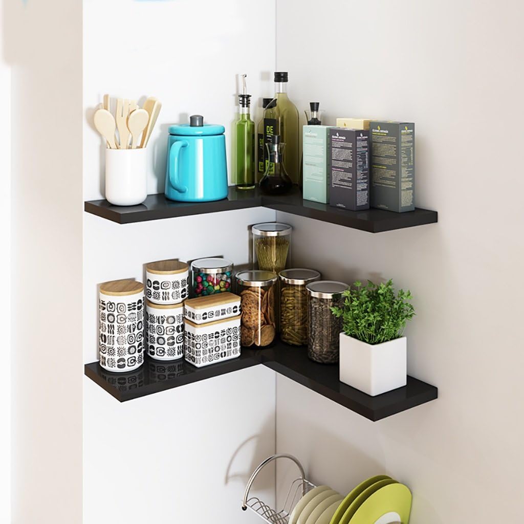 Corner Solid Wood Shelf Creative Corner Shelf Living Room Shelf Wall Shelf Corner Shelf (Color : Black)