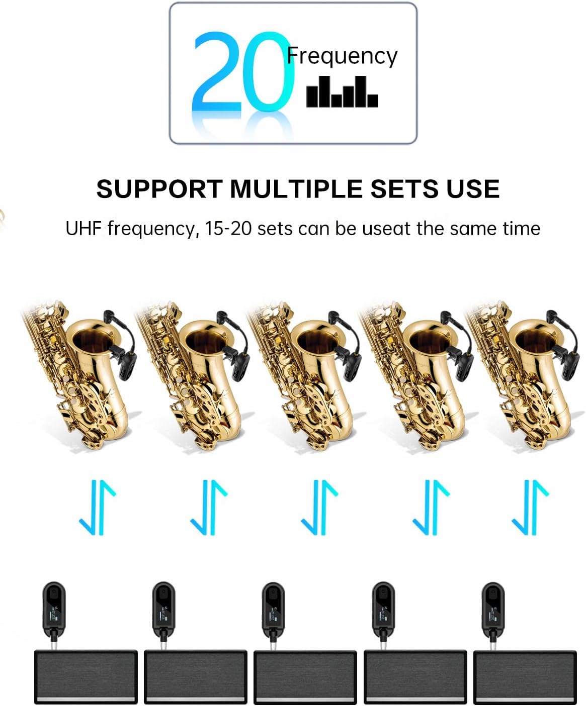 EBJ Wireless UHF Saxophone Microphone System, Clip Instrument Microphone Saxophone and Trumpet, preset EQ and Echo Level 100 feet Transmission, Full Charge can be Used for 8 Hours (M-03-2)