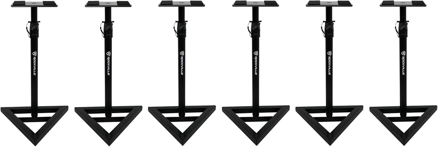 Rockville RVSM1 Near-Field Studio Monitor Stands, Adjustable Height 33-45in, Heavy-Duty Steel, EVA Foam Padding, Vibration Reduction, for Home Studio Musicians and Audio Engineers, 6-Piece