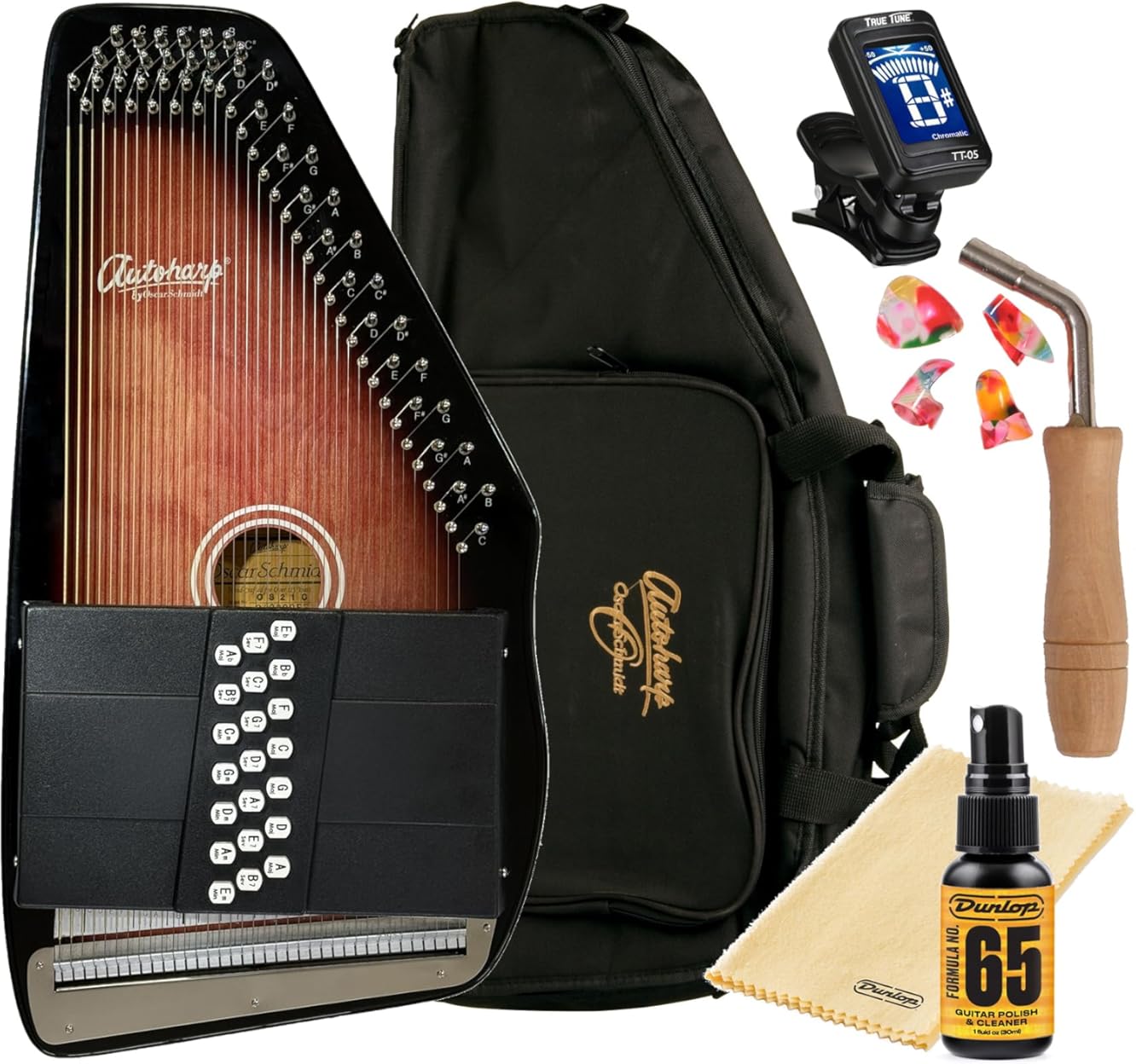 Oscar Schmidt OS21C 21 Chord Classic Autoharp with Instrument Alley AC445 Padded Gig Bag, Tuner, Polish, Tool, Picks Bundle Package