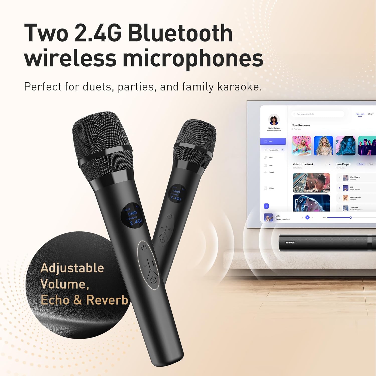 Karaoke Soundbar with Subwoofer for TV: Sound Bar with 2 Wireless Microphones - Home Theater Surround Sound System - Bluetooth Speaker with Remote Supports HDMI ARC/Optical/AUX/USB for TV/PC