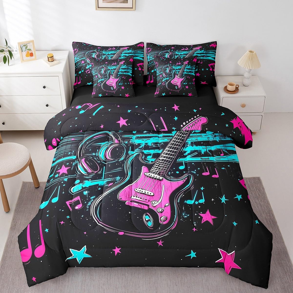 7 Pieces Queen Size Electric Guitar Comforter Set,Glitter Starry Sky Tie-dye Graffiti Bedding Set for Boys Girls,Neon Musical Notes (Comforter+Fitted+Flat Sheet+2 Pillowcases+2 Throw Pillow Covers)