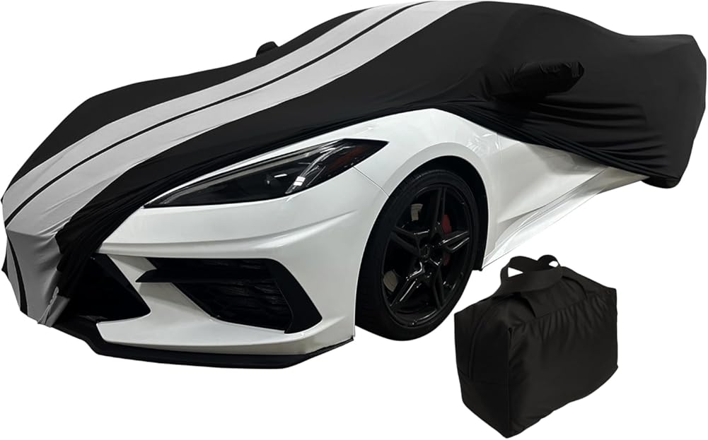 SR1 USA C8 Corvette Custom Fit Car Cover - Indoor Ultraguard Stretch Satin High End Dust Proof for 2020-2026 Stingray, Z06, Z51, E-Ray (Black with Gray Stripes)