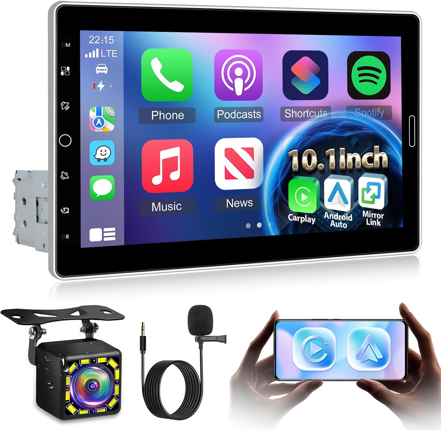 NHOPEEW Single Din 10 Inch Touchscreen Car Radio with Wireless Carplay and Android Auto - Detachable IPS Screen Car Stereo - Bluetooth/AM/FM/Mirror Link/SWC + 12leds Backup Camera & Microphone