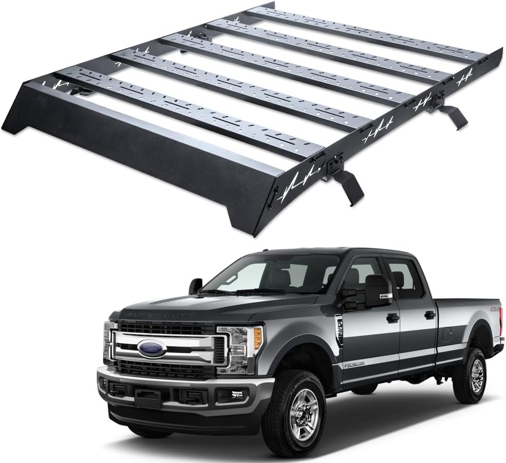7422445673657 66 x 50 Inch Roof Rack Compatible with 17-25 Ford F250 / F350 / F450 / F550 Superduty Crew Cab Black Low Profile Window Frames Cargo Roof Basket Luggage Carrier with Wind Fairing