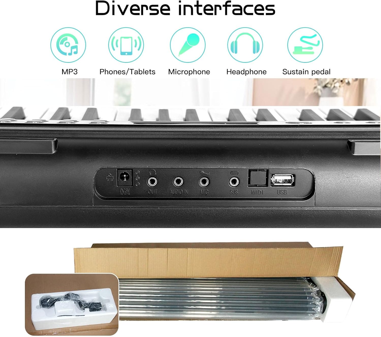 AQNIEGEP Pro 61-Key Electric Keyboard Piano w/LCD & Sustain Pedal, Full-Size Studio Keyboard w/Stand, Bench, Headphones, Mic, 200 Timbres/Rhythms, 80 Songs, Professional Piano Keyboard for All Levels