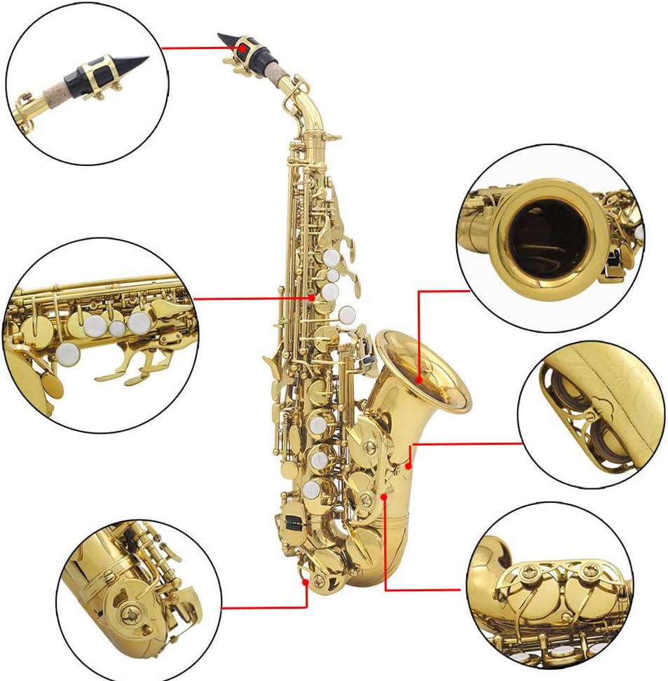 Soprano Saxophone, Bb Bend Althorn Soprano Sax Wind Instruments with Case Gloves Cleaning Cloth Belt (Gold)