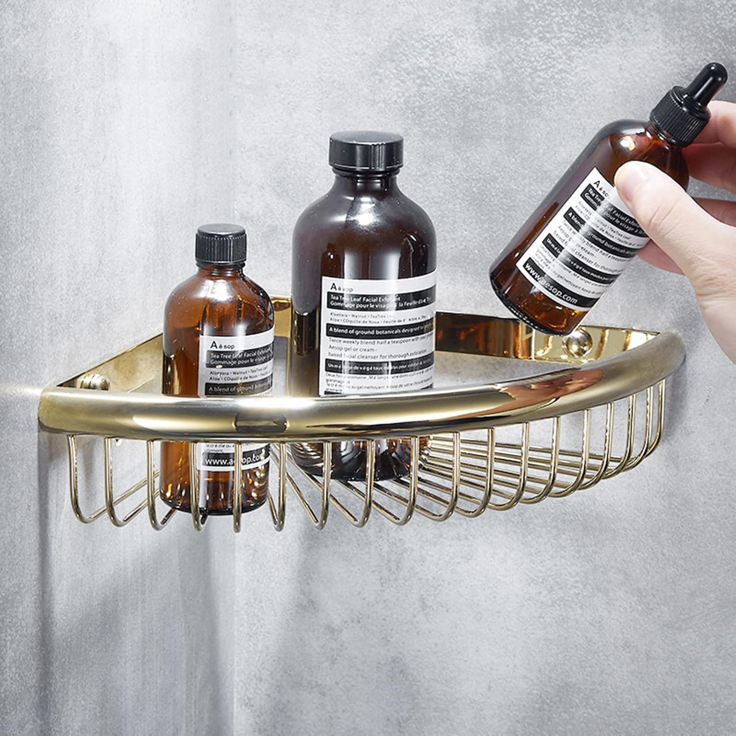 Shower Shelf Corner Shampoo Holder for Wall Mount Caddy No Drilling Adhesive All-Copper for Toilet,Gold,1 Story(Bronze,2 Layer)