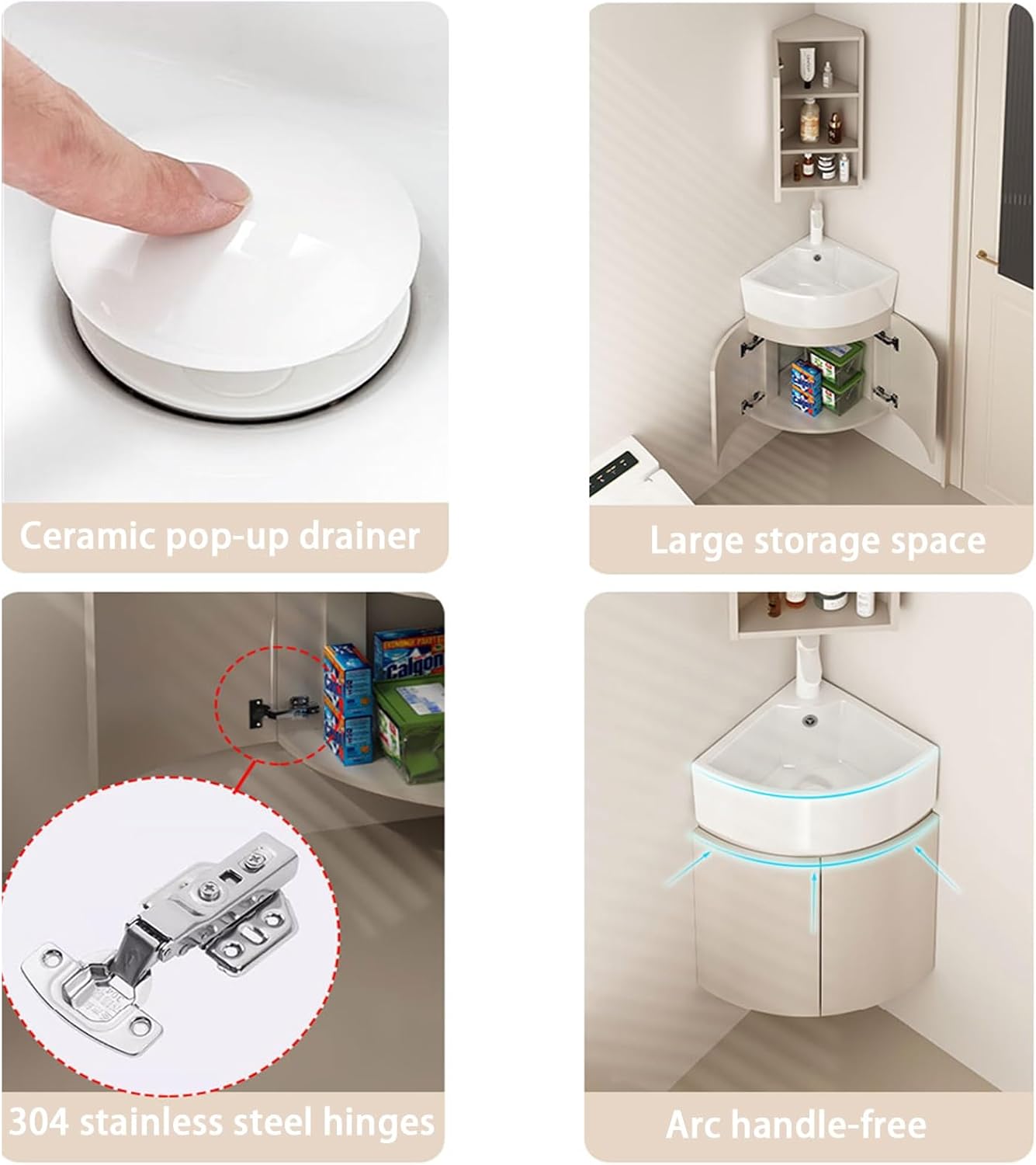 Corner Wall Mount Bathroom Sink, Corner Bathroom Vanity Sink Combo, Bathroom Corner Cabinet with Storage Container and Mirror Cabinet, Ceramic Wash Basin for Small Spaces(48cm/18.9in)