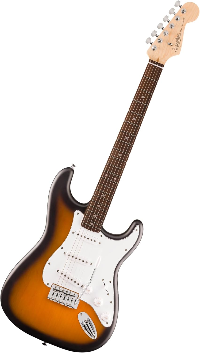 Fender Squier Debut Series Stratocaster Electric Guitar Bundle with Fender FT-1 Clip On Tuner, 2-Color Sunburst Guitar with Matte Finish