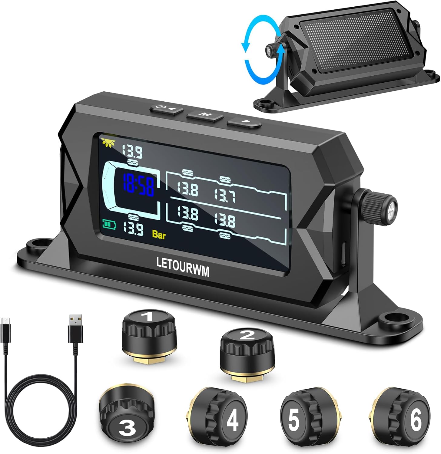 Tire Pressure Monitoring System for RV Truck Trailer, 6 Sensors TPMS, 0-15 Bar/217 PSI, 3-Level Bright LCD with Time Display, Type-C & Solar Charging, 7 Smart Alerts for RV/Trailer/Truck IP68