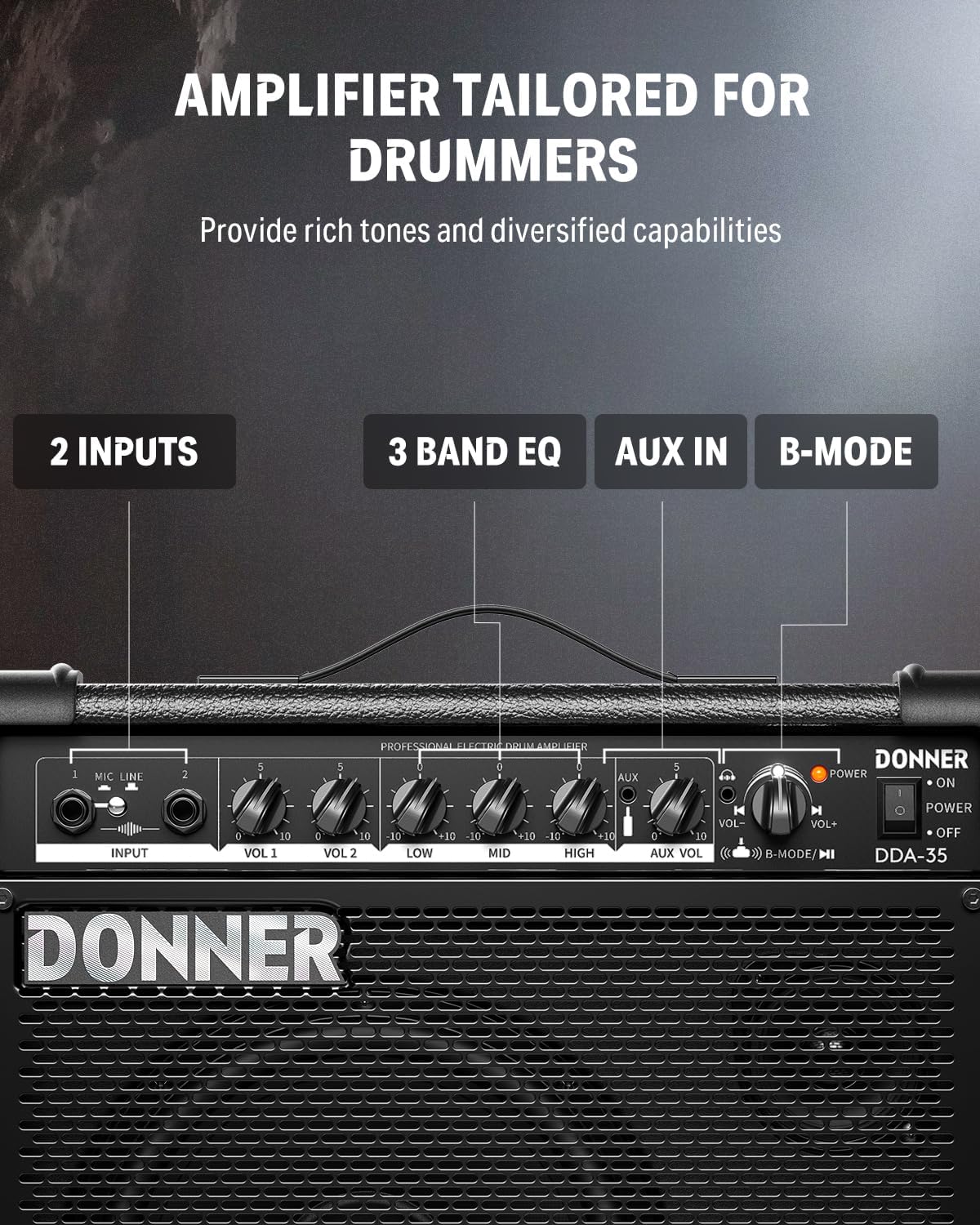 Donner 35-Watt Electronic Drum Amplifier DA-35, 2x8 Speakers, 2-Channel, 3-Band EQ, DI Out, Wireless Audio, Black, Compatible with Electronic Drum & Keyboard, Digital Modeling Amplifier