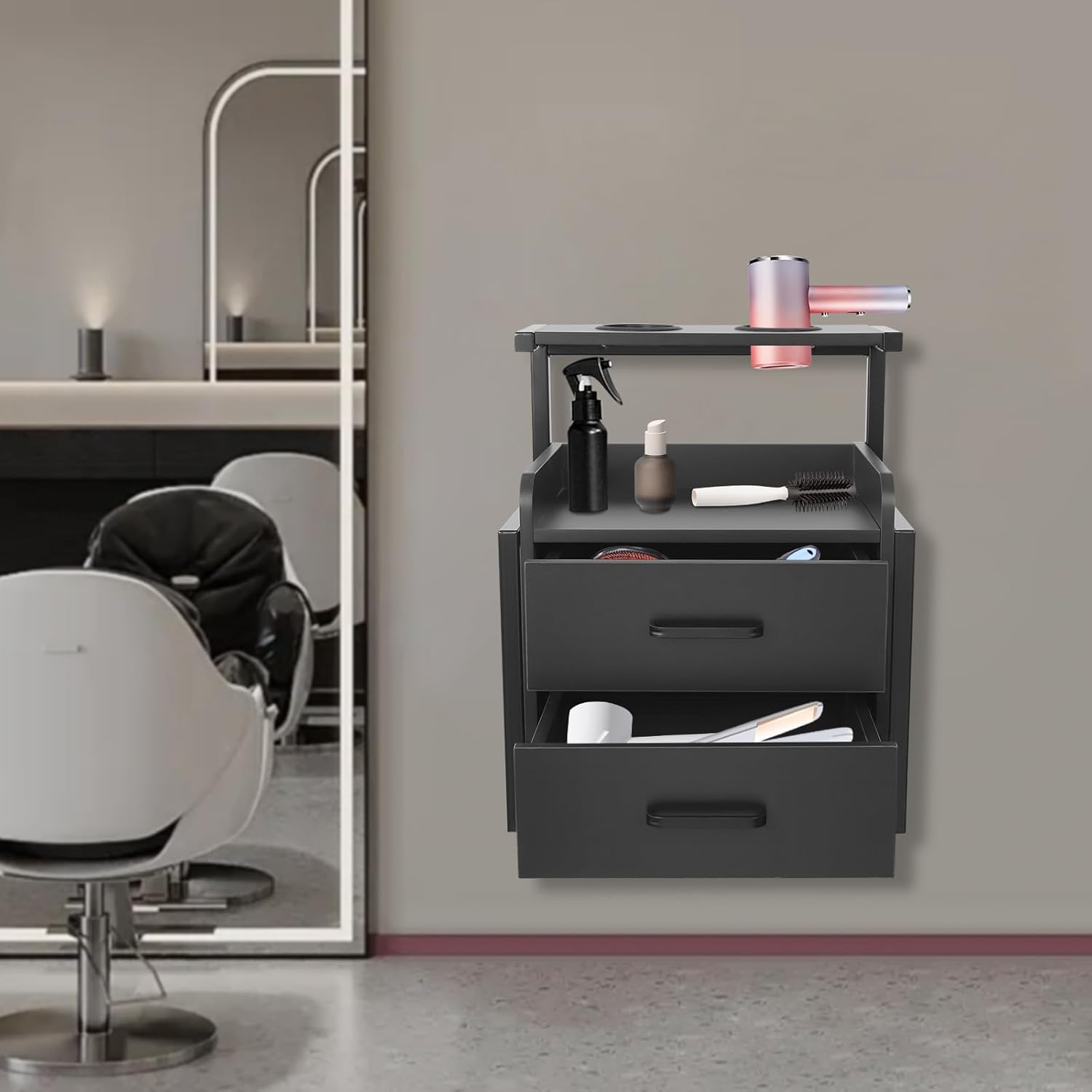 Wall Mount Styling Station Classic Locking 2 Drawers Storage Beauty Salon Equipment 2 Hair Dryer Holes Locking Cabinet for Beauty Salon or SPA, Barber Shop, Home & Bathroom, Black