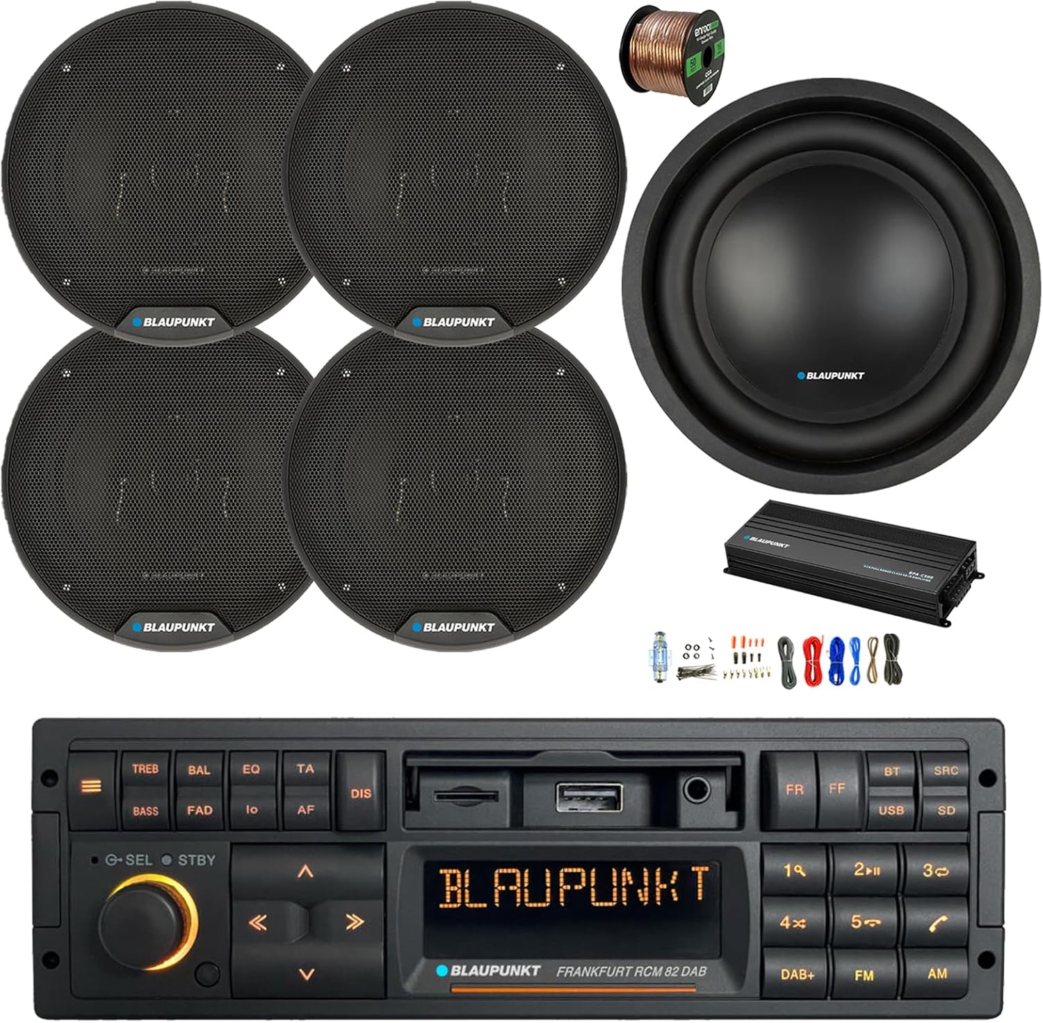 Blaupunkt FRANKFURT Single DIN 90's Retro Classic USB Bluetooth AM/FM Stereo Receiver, 5-Channel Amplifier w/Kit, 10