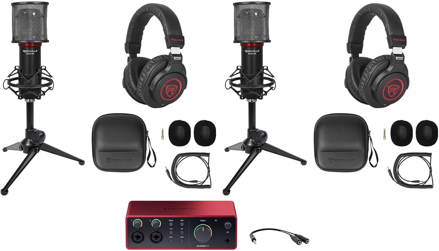 Audiosavings Bundle: Focusrite Scarlett 4i4 4th Gen Studio Recording USB Audio Interface Bundle with (2) Rockville RDTS Mic Stand+(2) RCM SR Condenser Microphone+(2) PRO-M50 SR Headphones (8 Items)